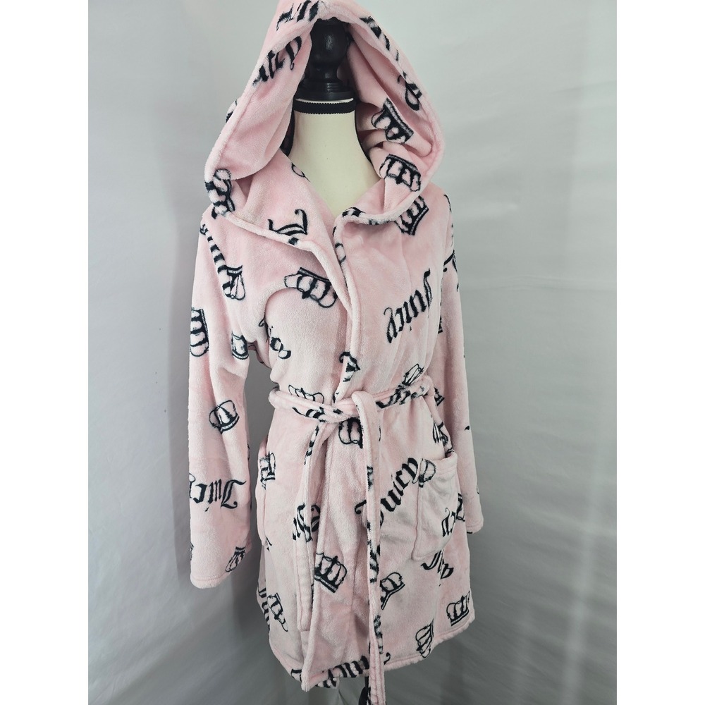 Juicy Couture Pink Crown Logo Hooded Plush Robe Fleece Sleepwear L/XL 1969
